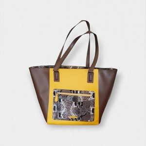 Vera Bradley Ella Tote, Maize Yellow, Brown, Faux Snakeskin, Faux Leather